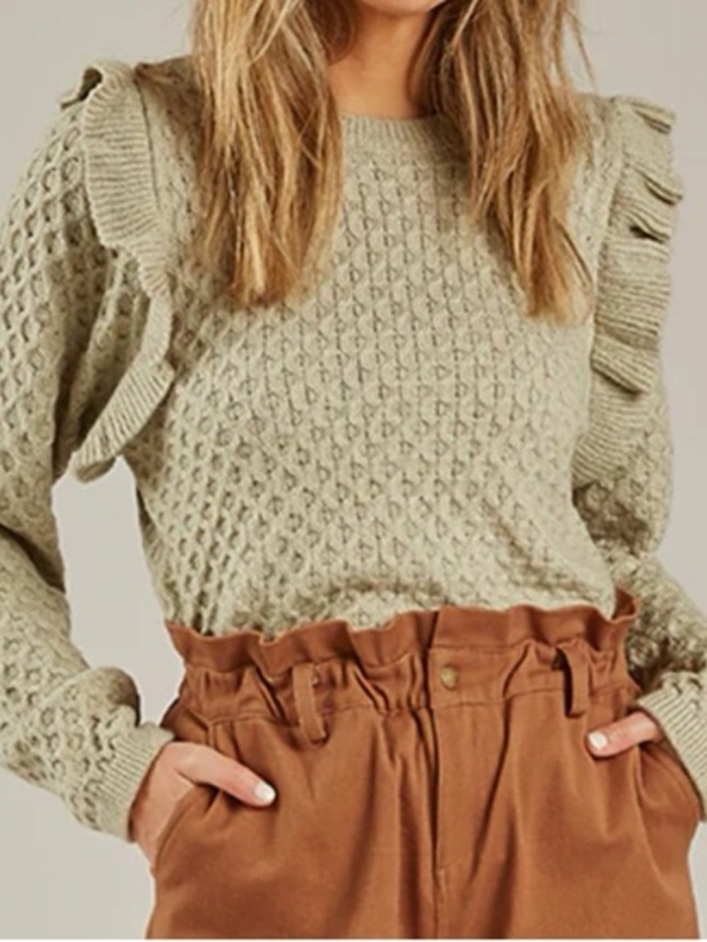 Rylee + Cru Sage Green Ruffle-Shoulder Cable Knit Sweater